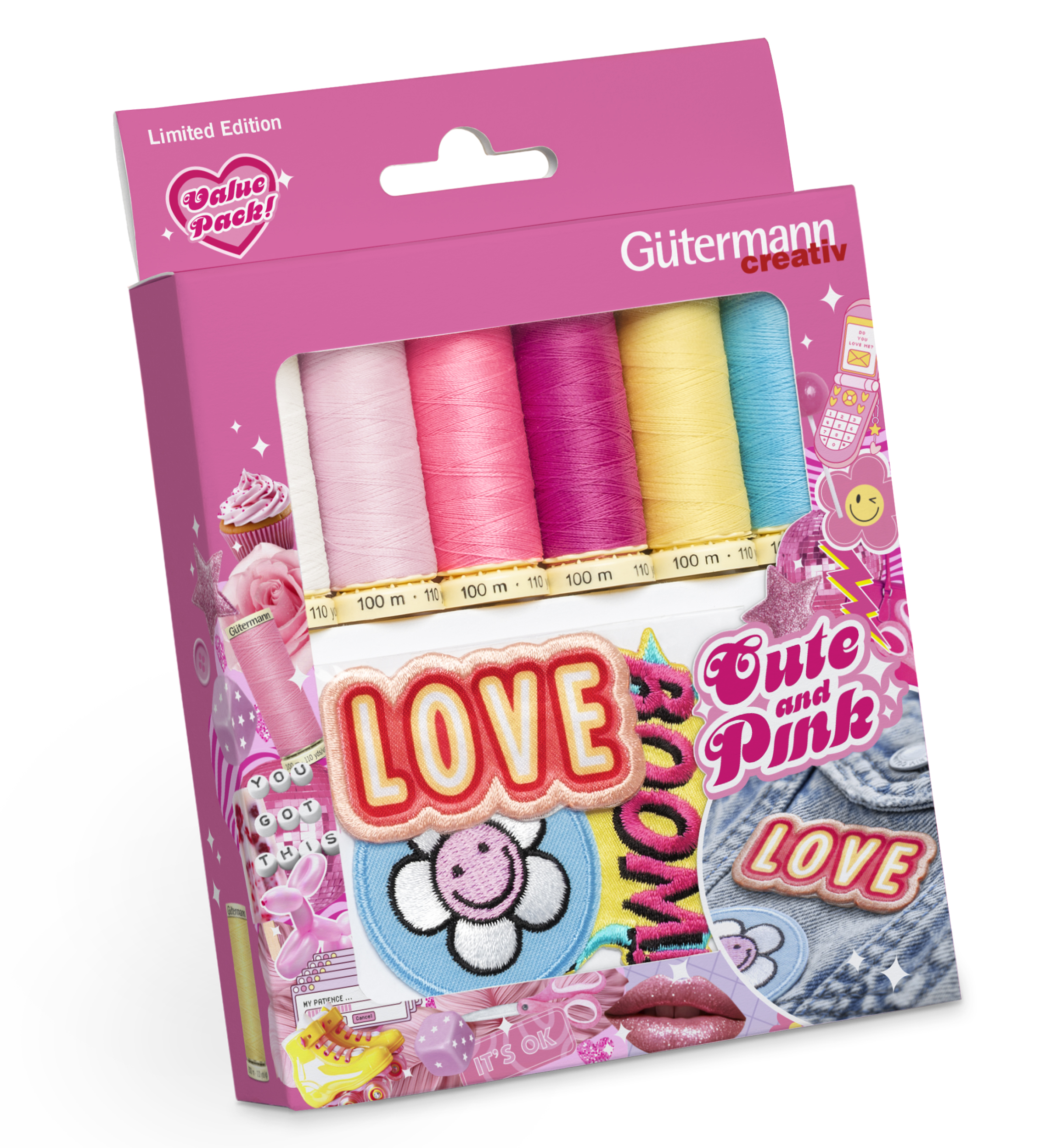 Set di fili per cucire rosa e carino con applicazioni