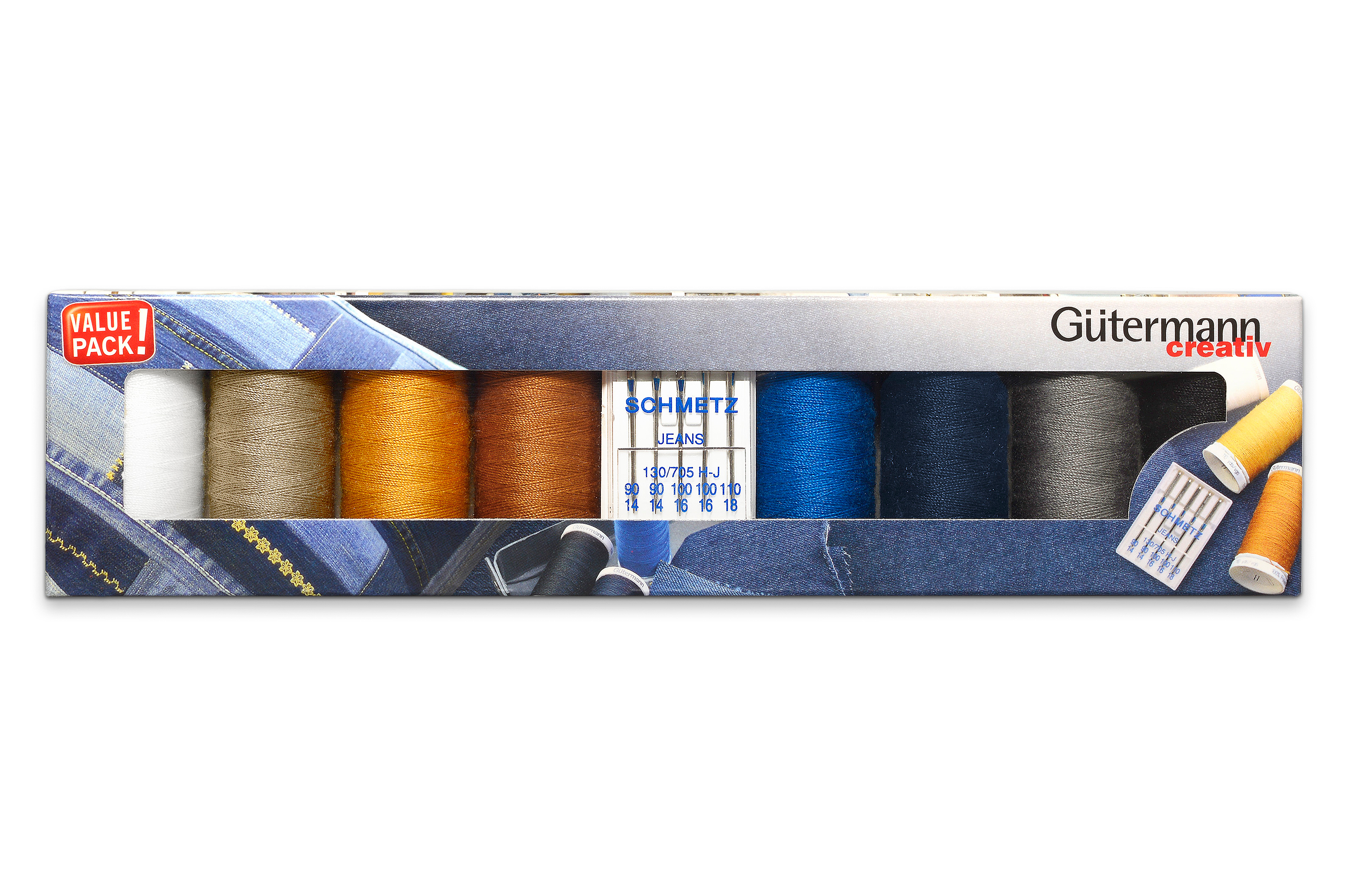 set di 8 fili per cucire il denim + aghi per cucire i jeans